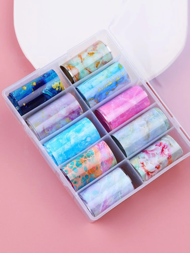 Spiral Nail Foil NSB0133 – Set de 10 Rollos Mármol, Galaxia y Acuarela