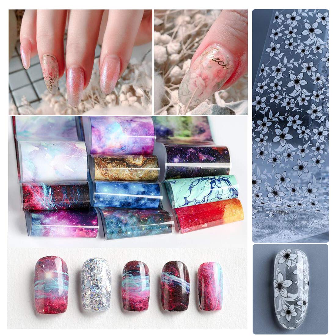 Spiral Nail Foil NSB0133 – Set de 10 Rollos Mármol, Galaxia y Acuarela