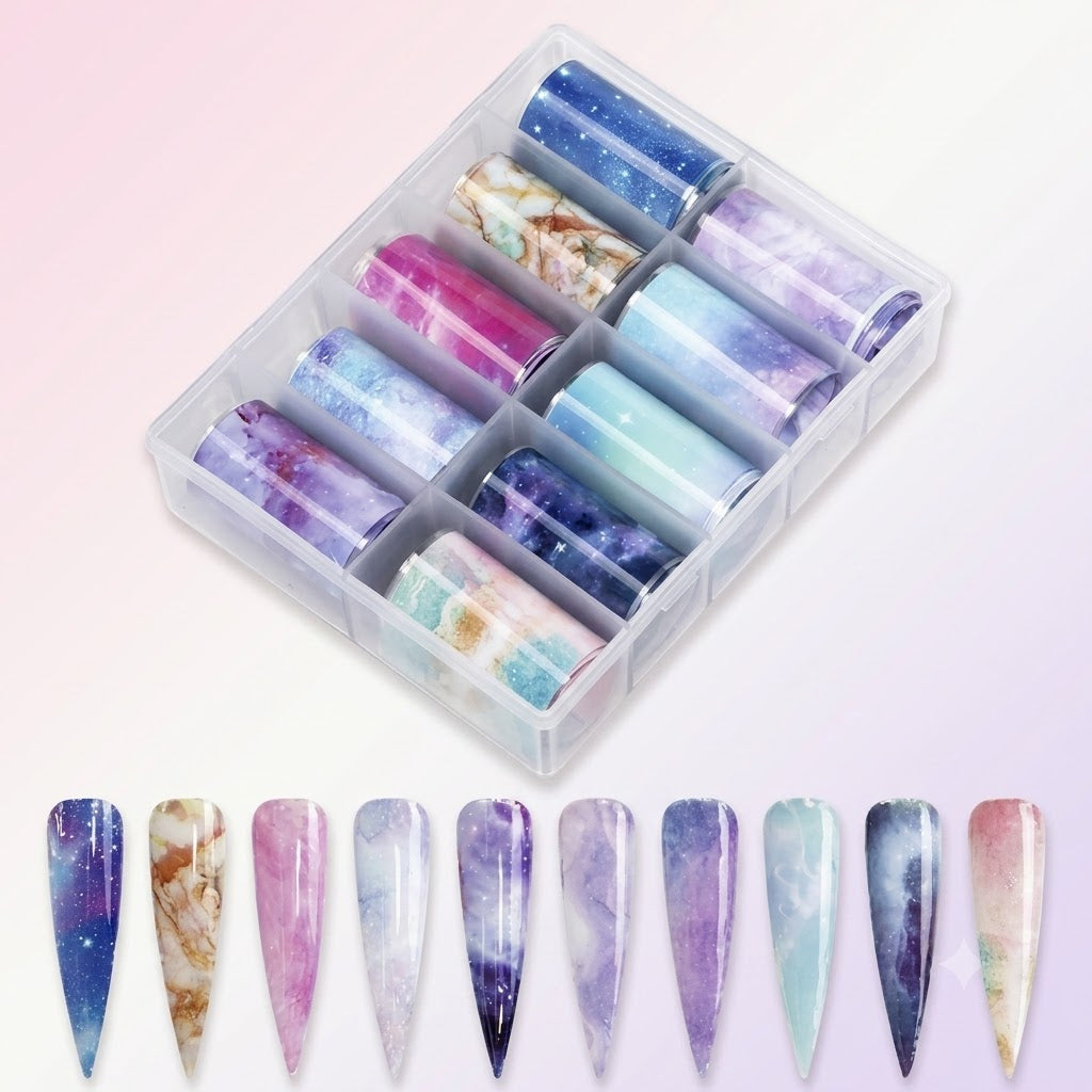 Spiral Nail Foil NSB0133 – Set de 10 Rollos Mármol, Galaxia y Acuarela