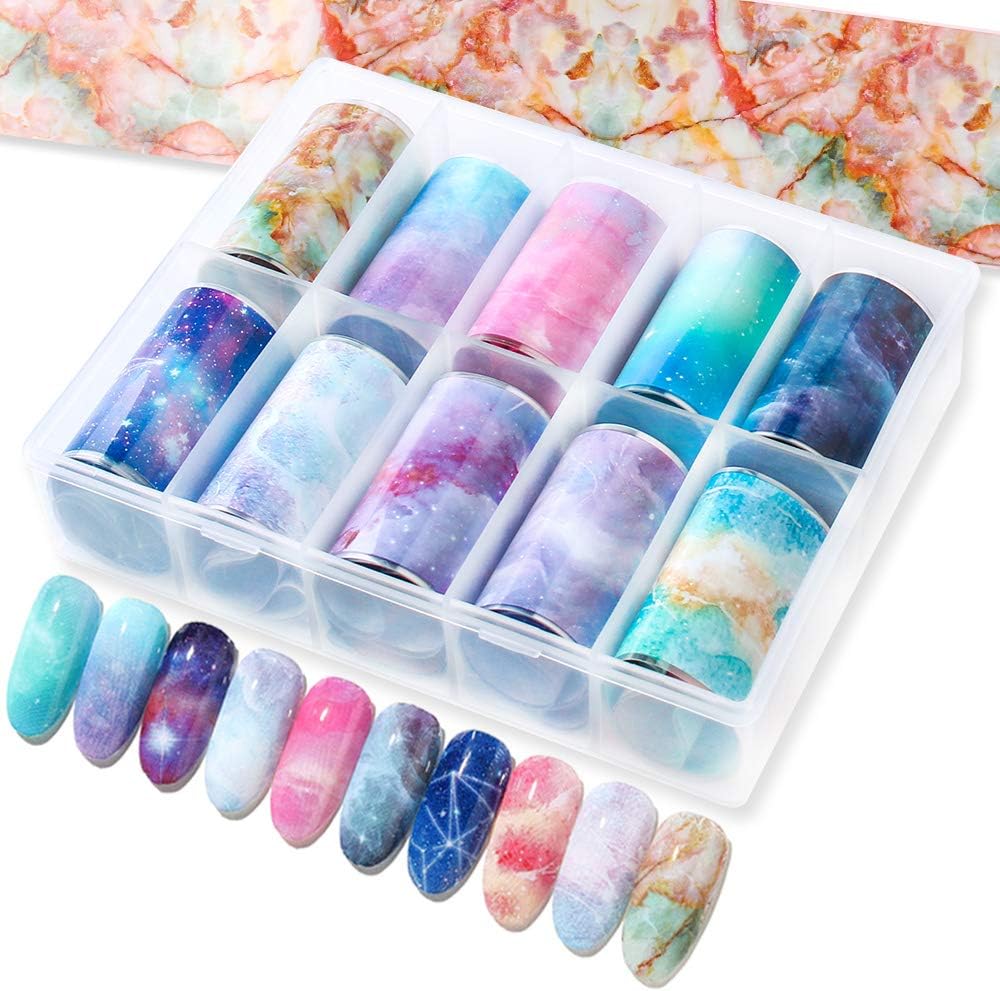 Spiral Nail Foil NSB0133 – Set de 10 Rollos Mármol, Galaxia y Acuarela