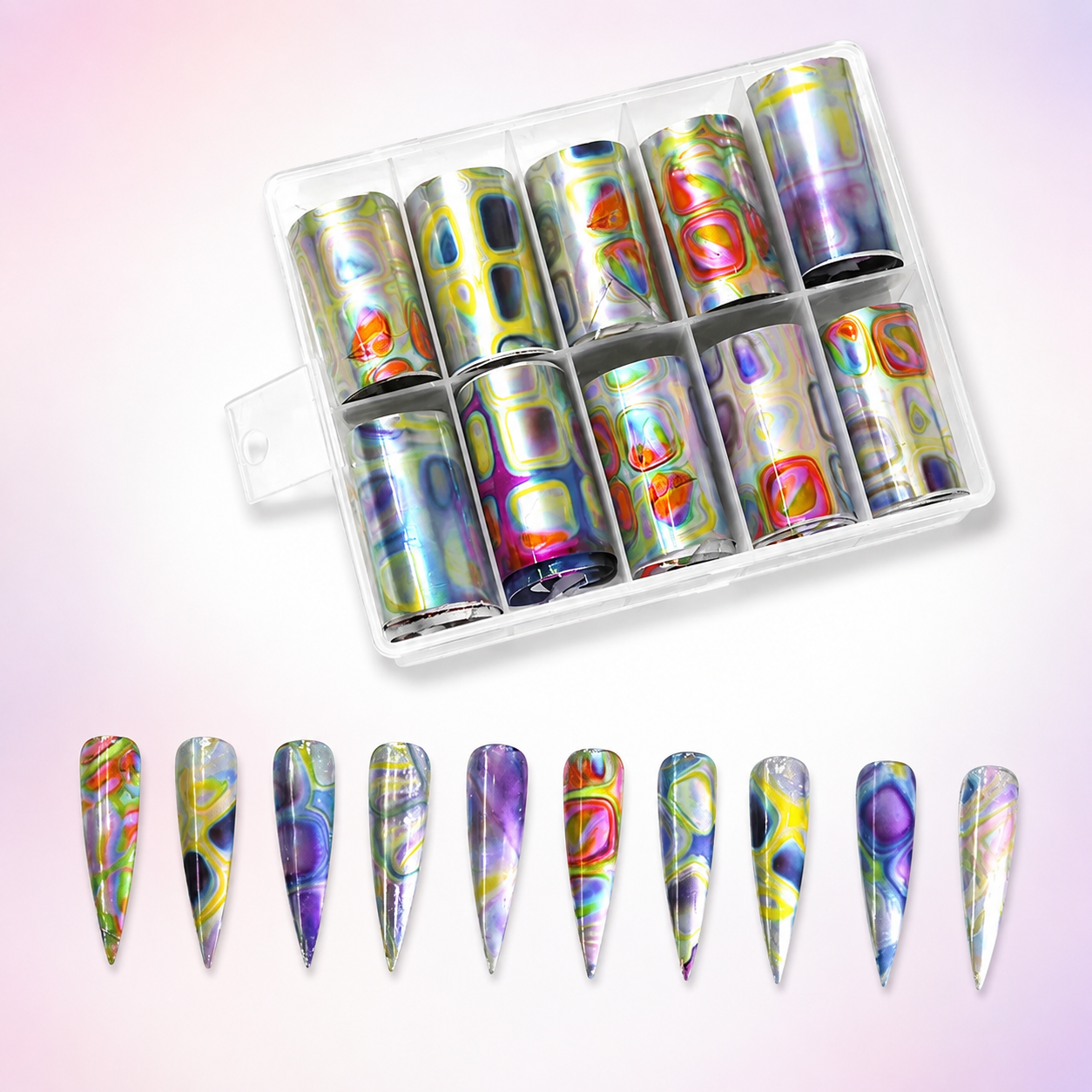 Spiral Nail Foil NSB0135 – Set de 10 Rollos Holográficos Multicolor para Uñas