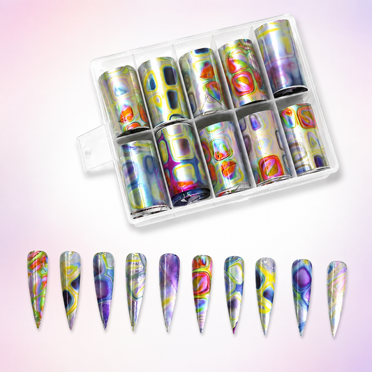 Spiral Nail Foil NSB0135 – Set de 10 Rollos Holográficos Multicolor para Uñas