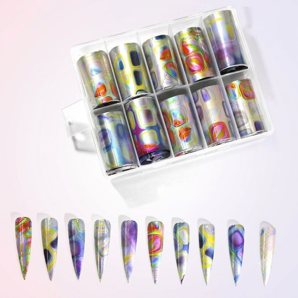 Spiral Nail Foil NSB0135 – Set de 10 Rollos Holográficos Multicolor para Uñas