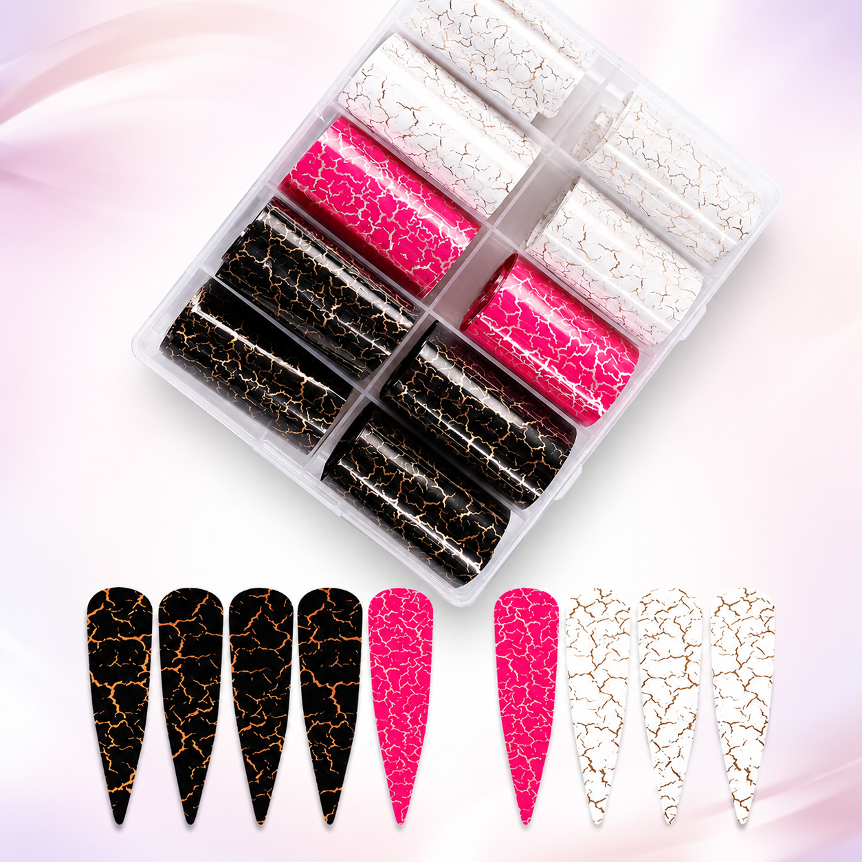 Spiral Nail Foil NSB0137 – 10 Rollos Craquelado Dorado Negro, Fucsia y Blanco