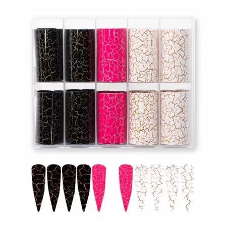Spiral Nail Foil NSB0137 – 10 Rollos Craquelado Dorado Negro, Fucsia y Blanco