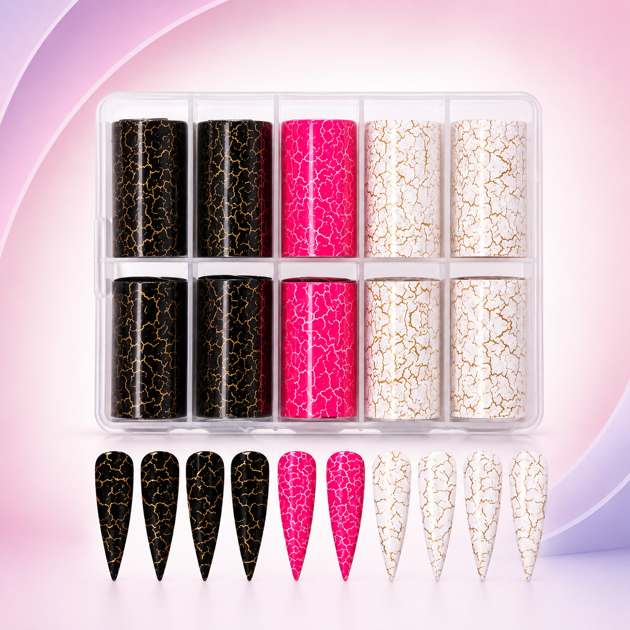 Spiral Nail Foil NSB0137 – 10 Rollos Craquelado Dorado Negro, Fucsia y Blanco