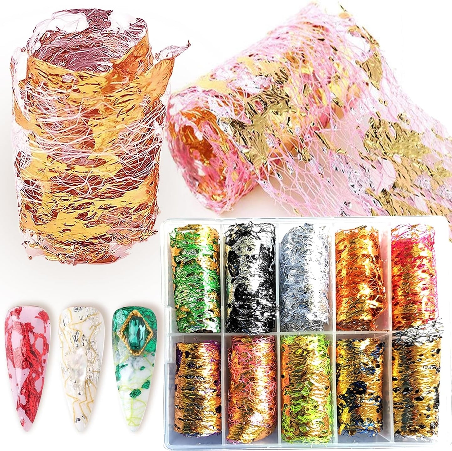 Spiral Nail Foil NSB0142 – Set de 10 Rollos Metálicos Dorados y Plateados para Uñas
