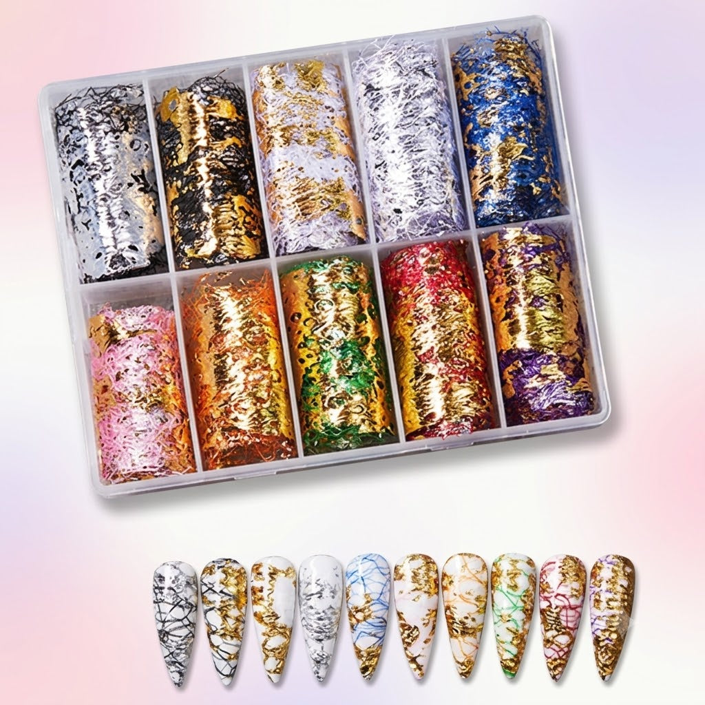 Spiral Nail Foil NSB0142 – Set de 10 Rollos Metálicos Dorados y Plateados para Uñas
