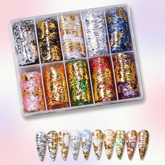 Spiral Nail Foil NSB0142 – Set de 10 Rollos Metálicos Dorados y Plateados para Uñas