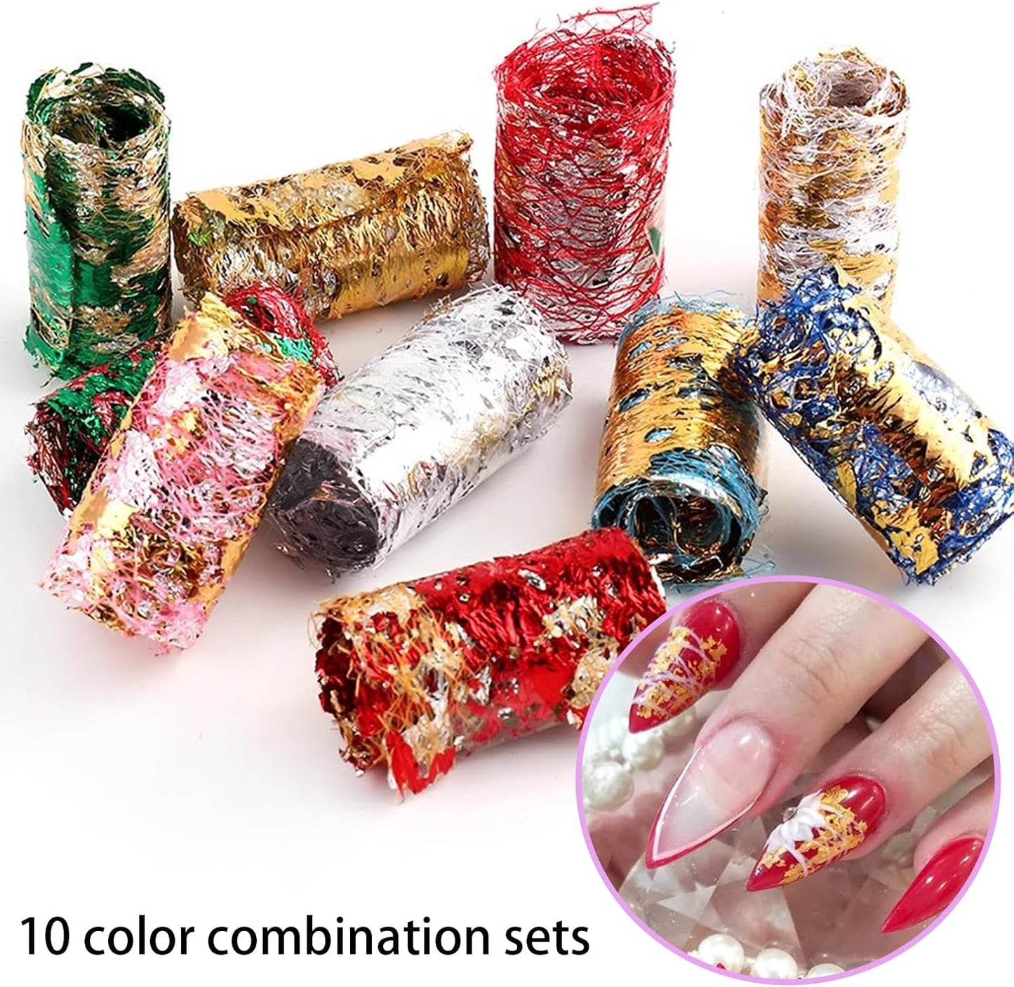 Spiral Nail Foil NSB0142 – Set de 10 Rollos Metálicos Dorados y Plateados para Uñas
