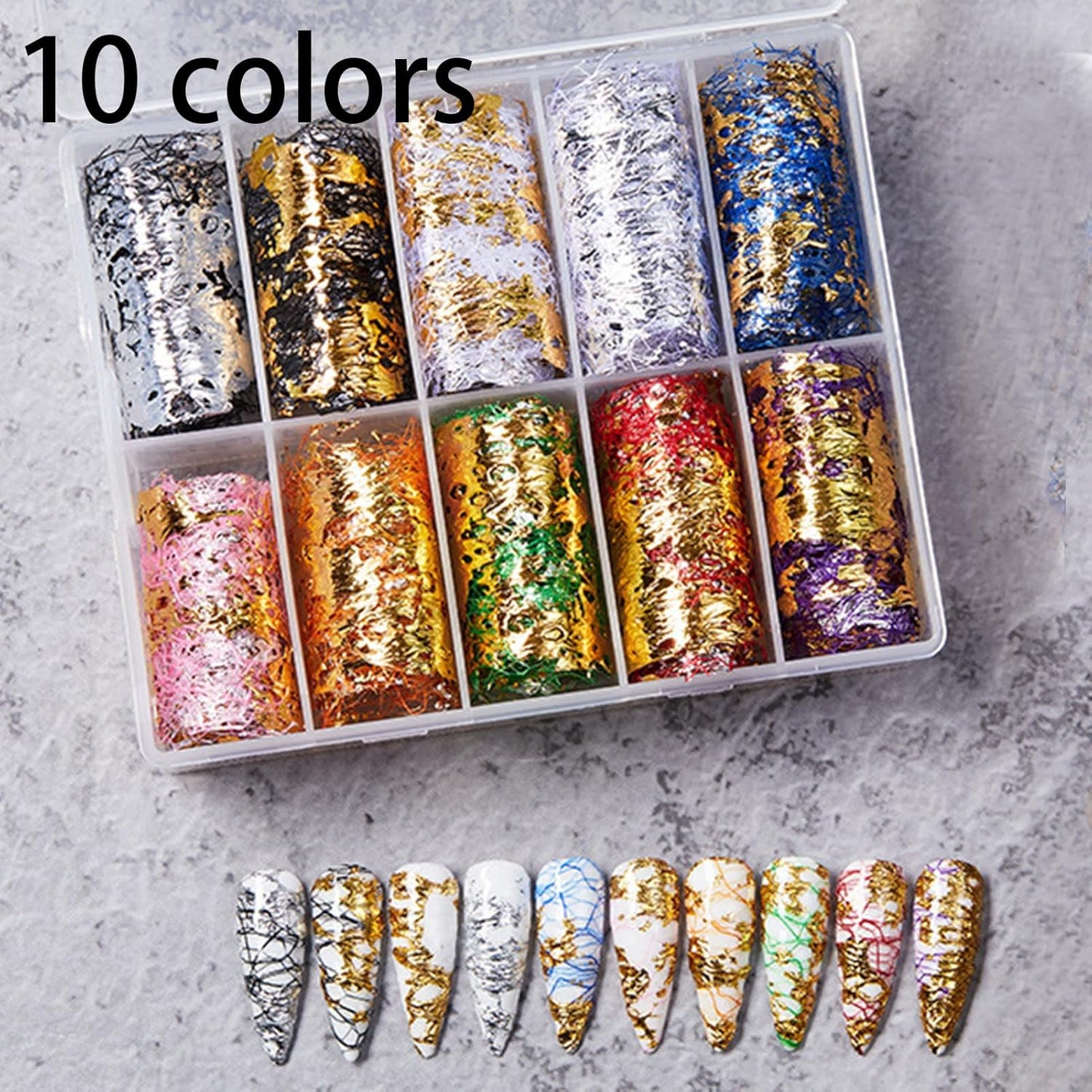 Spiral Nail Foil NSB0142 – Set de 10 Rollos Metálicos Dorados y Plateados para Uñas