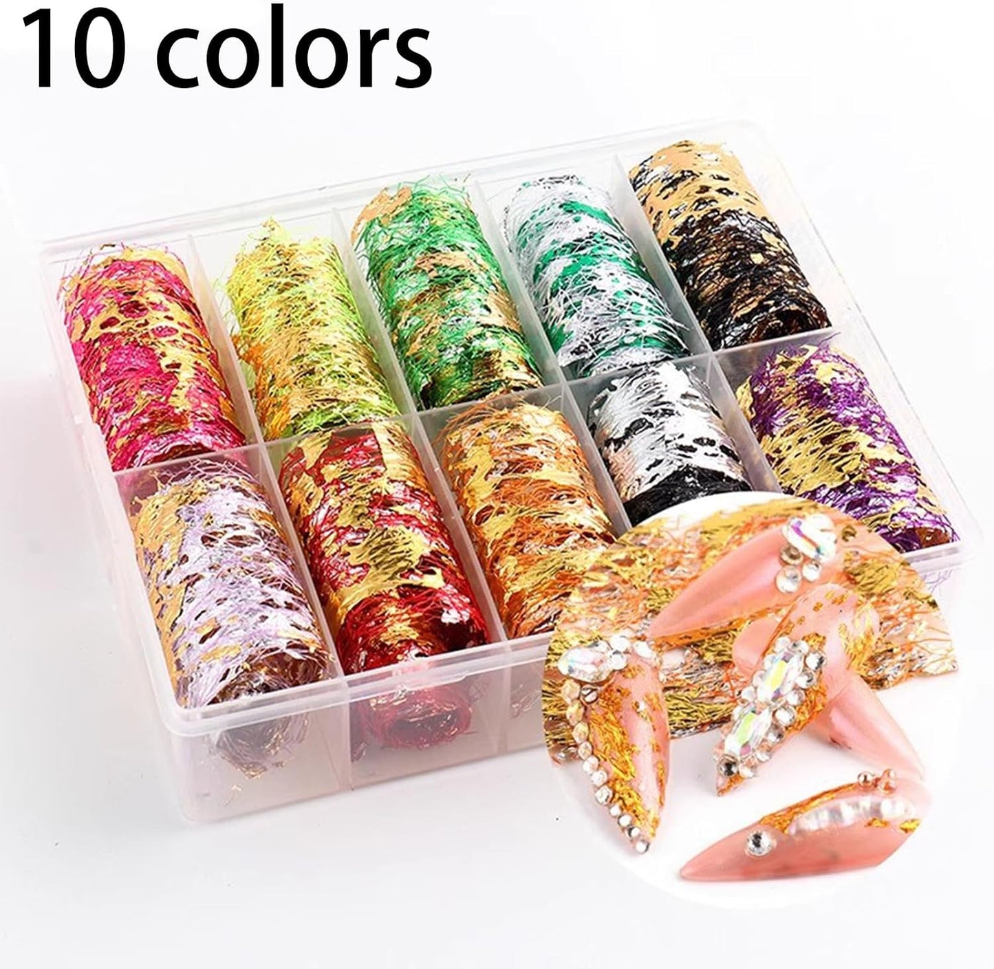 Spiral Nail Foil NSB0142 – Set de 10 Rollos Metálicos Dorados y Plateados para Uñas