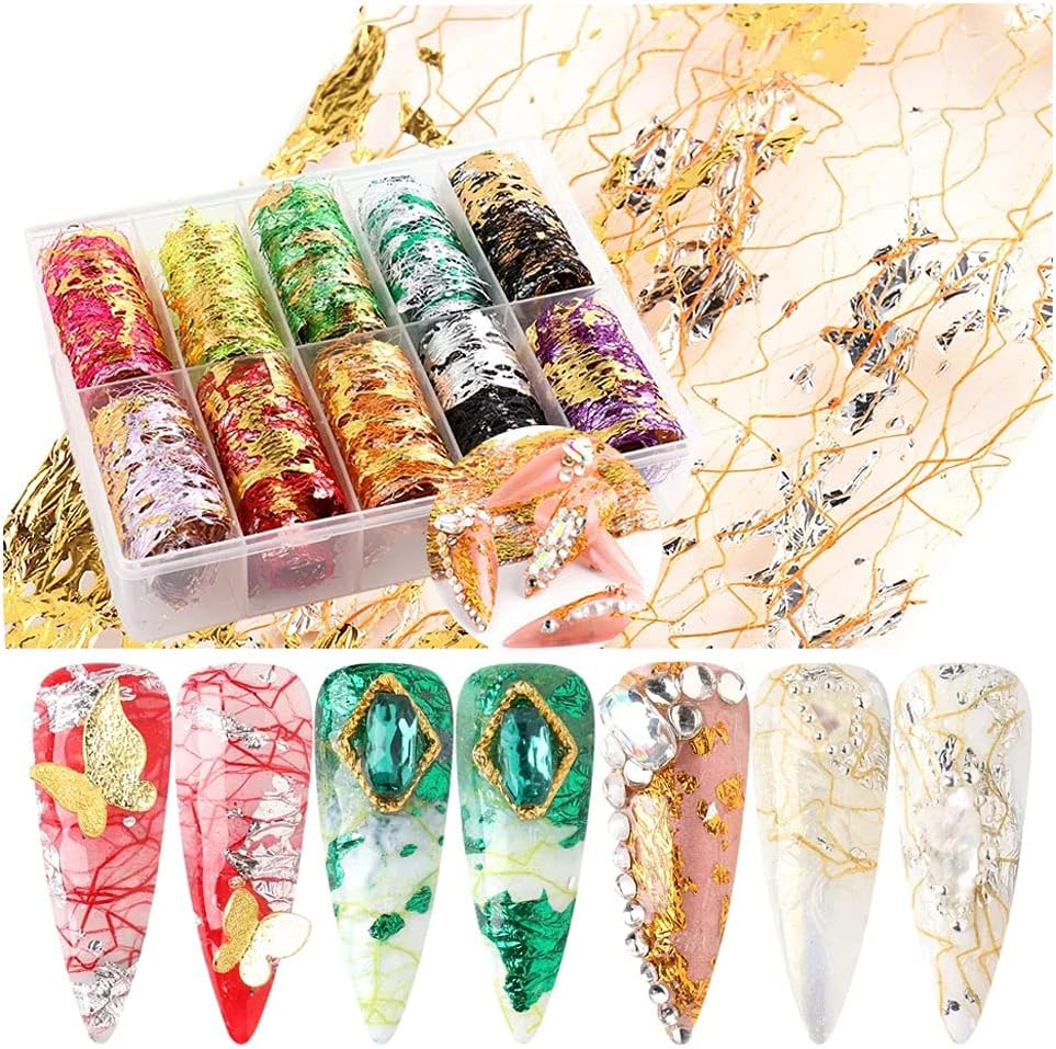 Spiral Nail Foil NSB0142 – Set de 10 Rollos Metálicos Dorados y Plateados para Uñas
