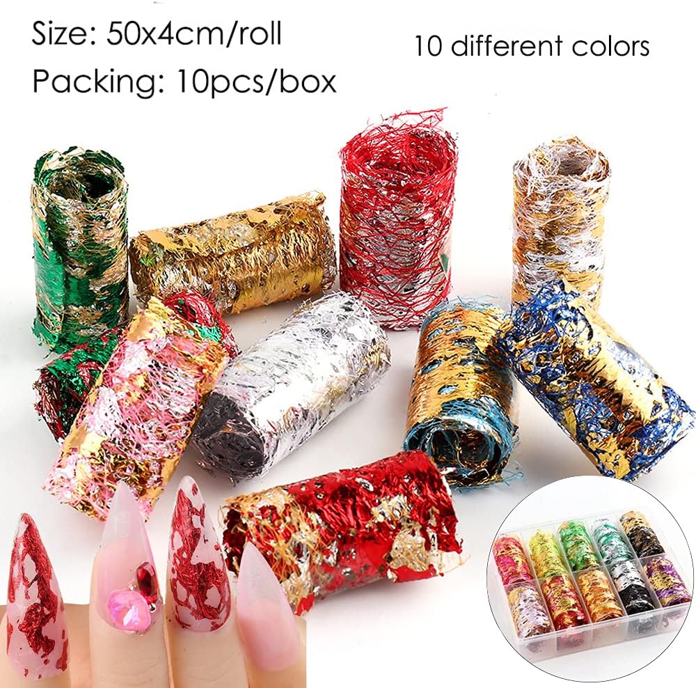 Spiral Nail Foil NSB0142 – Set de 10 Rollos Metálicos Dorados y Plateados para Uñas