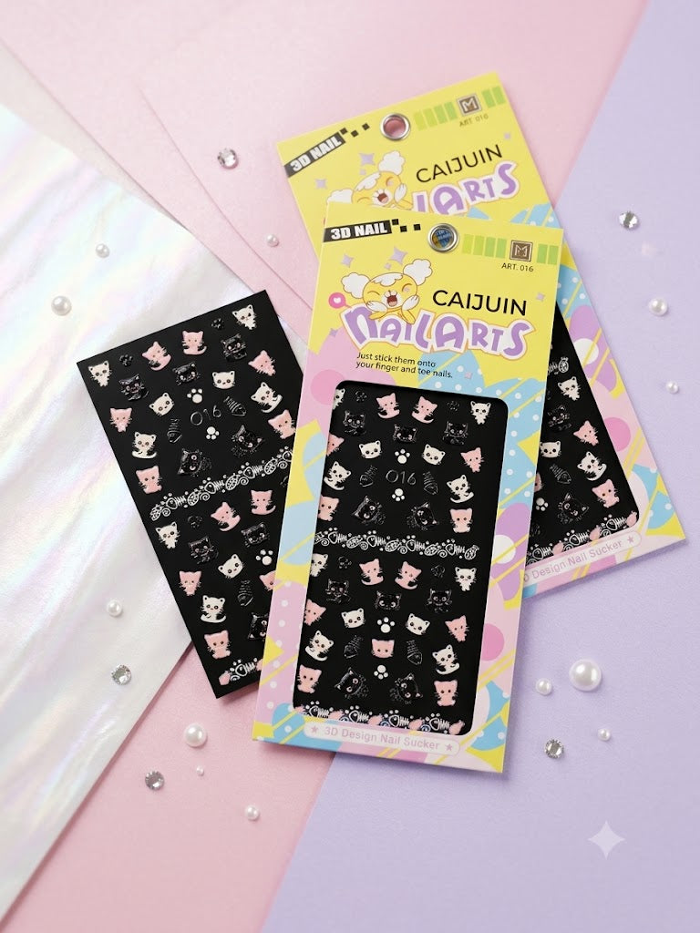 Catoon Nail Arts 3D Nail Stickers 016 – Gatitos, Huellas y Espinas de Pescado