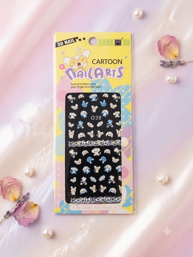 Cartoon Nail Arts 3D Nail Stickers 038 – Animalitos Azules, Crema y Bordes Decorativos