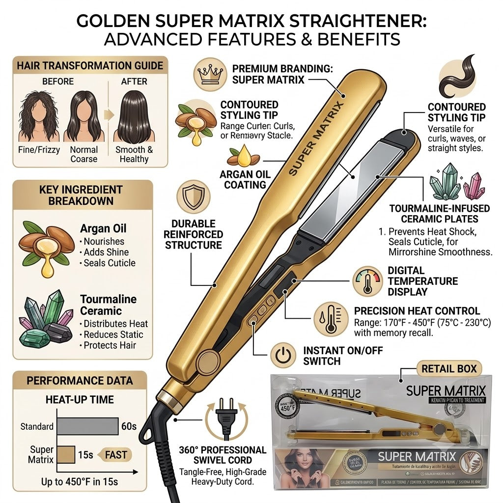 Plancha Profesional Super Matrix Keratina y Argán 1.75" 450 °F – 0904060