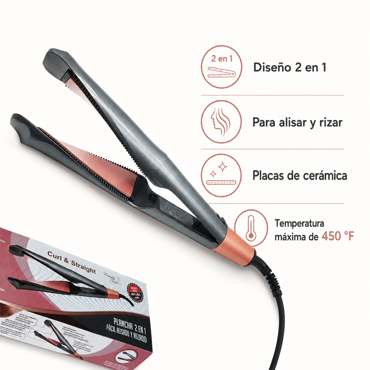 Beauty Style Curl & Straight Plancha 2 en 1 hasta 450 °F 0904100