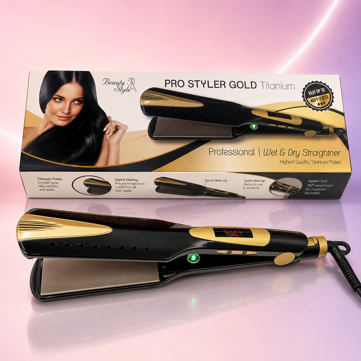 Beauty Style Plancha Pro Styler Gold Titanium Wet & Dry 2” 450°F 0904120