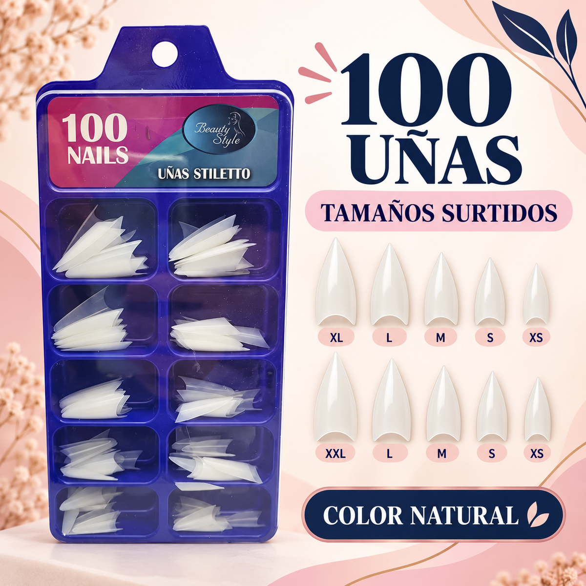 Beauty Style Uñas Stiletto Natural Cortas x100 1030048