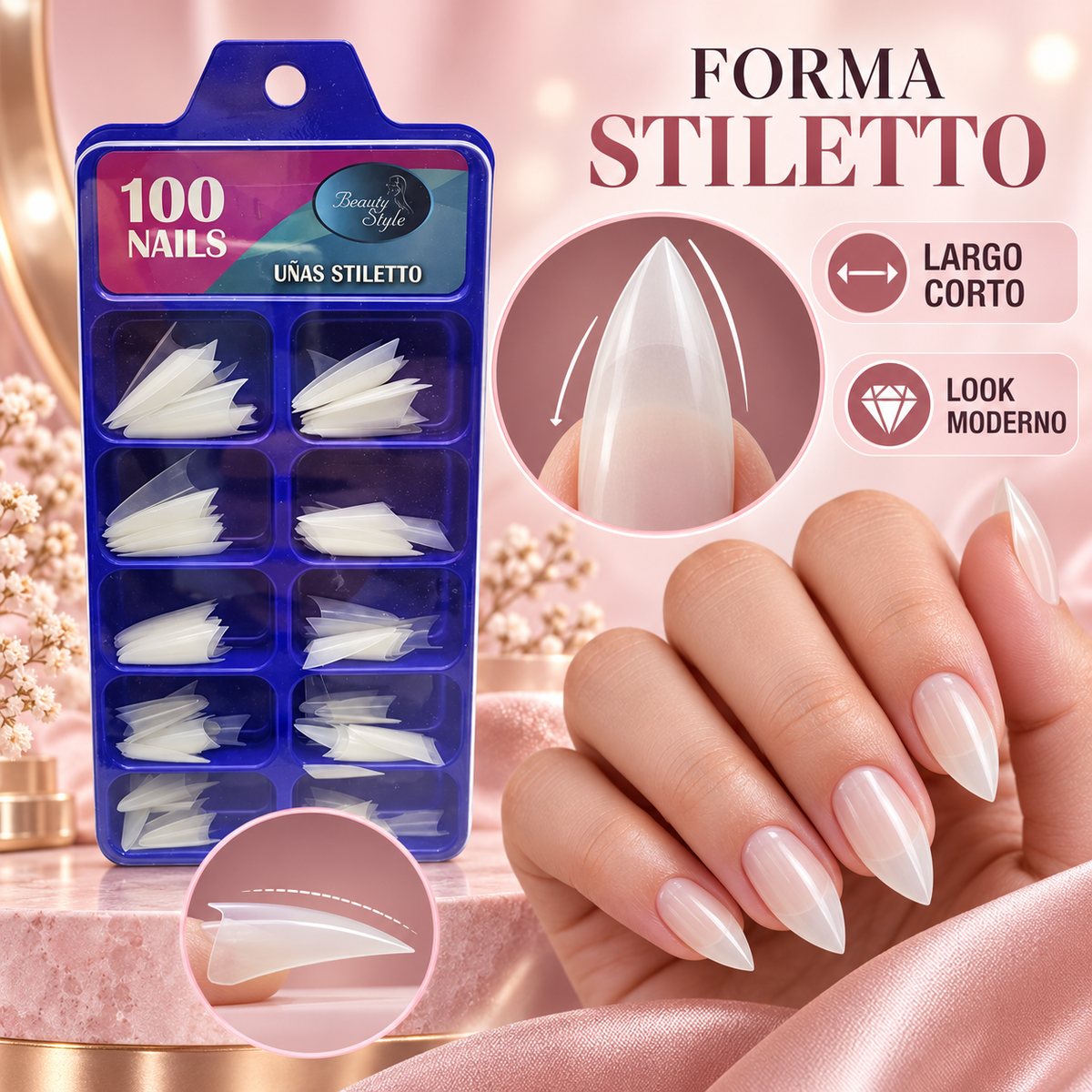 Beauty Style Uñas Stiletto Natural Cortas x100 1030048