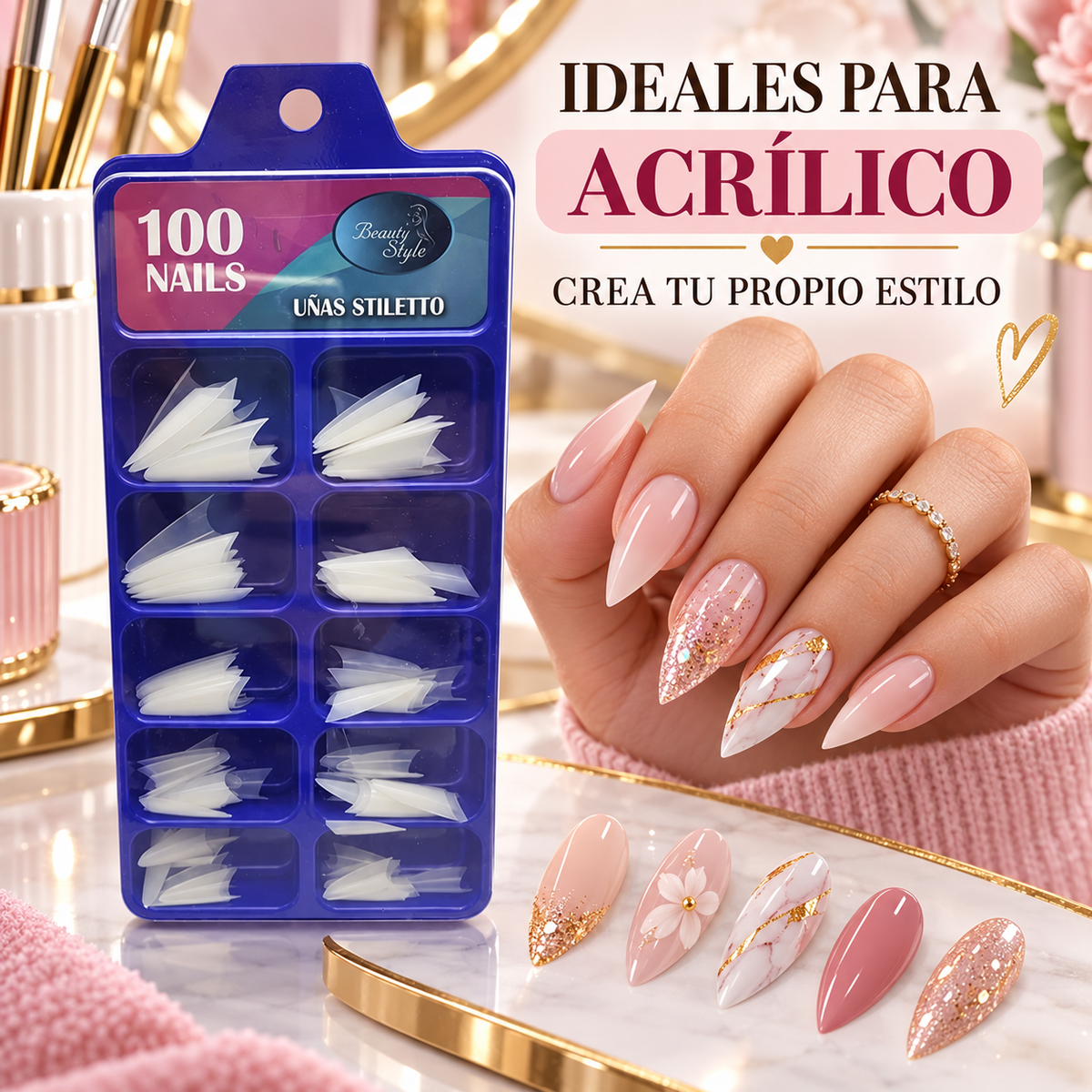 Beauty Style Uñas Stiletto Natural Cortas x100 1030048