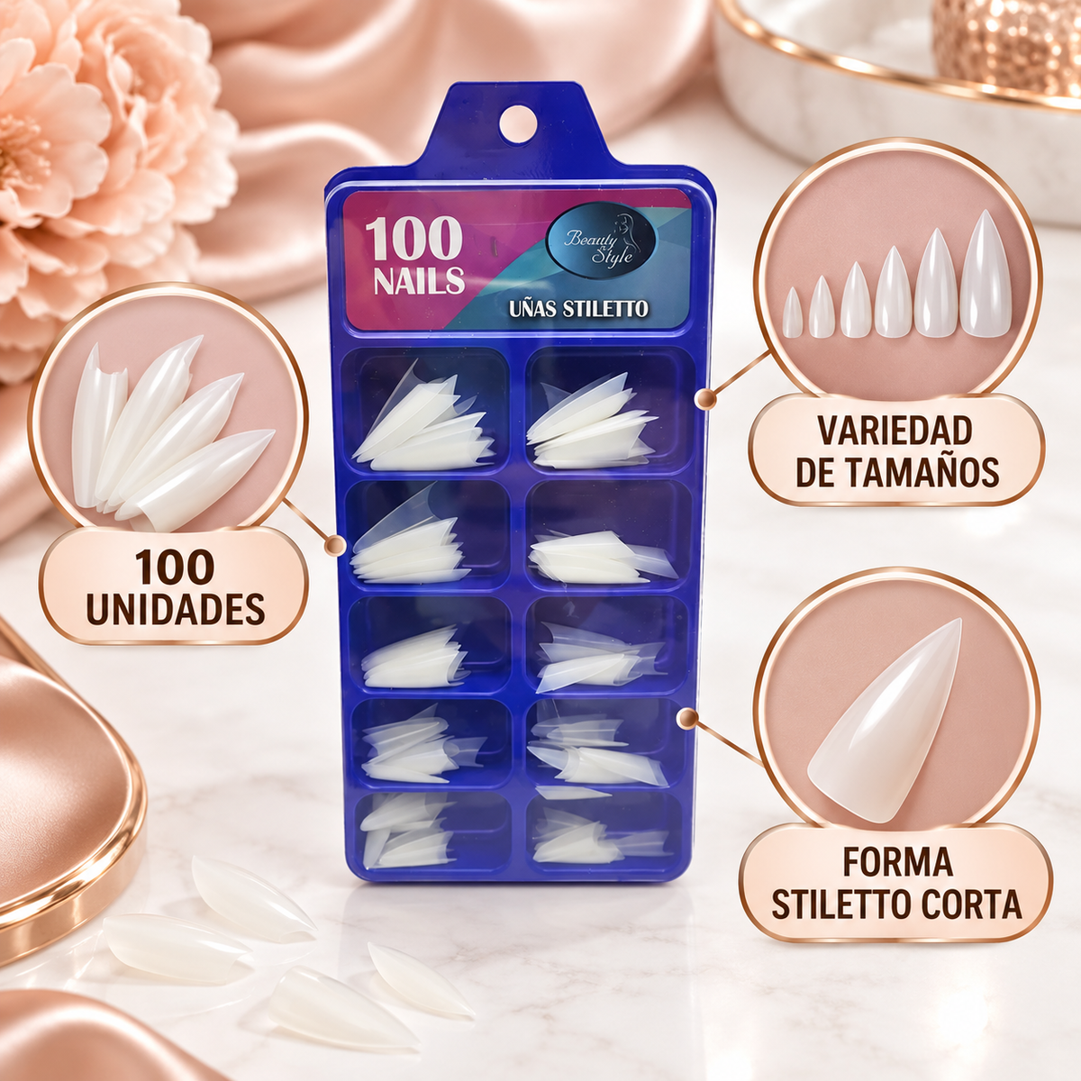 Beauty Style Uñas Stiletto Natural Cortas x100 1030048