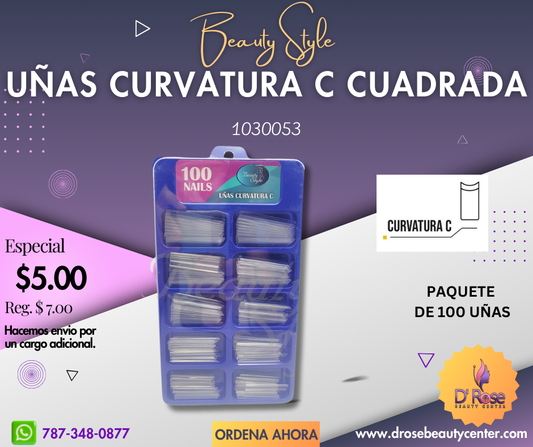 Beauty Style Uñas Curvatura C Cuadrada Transparente x 100 1030053