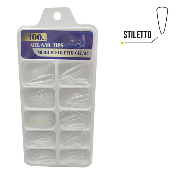 Beauty Style Gel Nail Tip Medium Stiletto Clear x 100 1030062