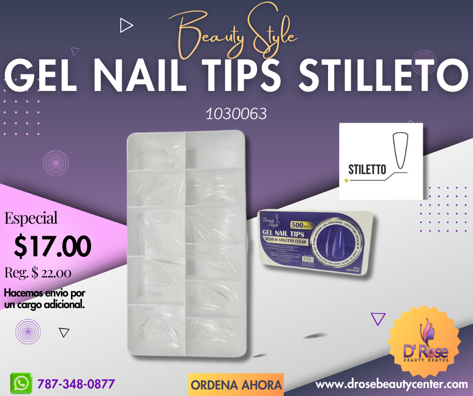 Beauty Style Gel Nail Tips Medium Stiletto Color Clear 500pc 1030063