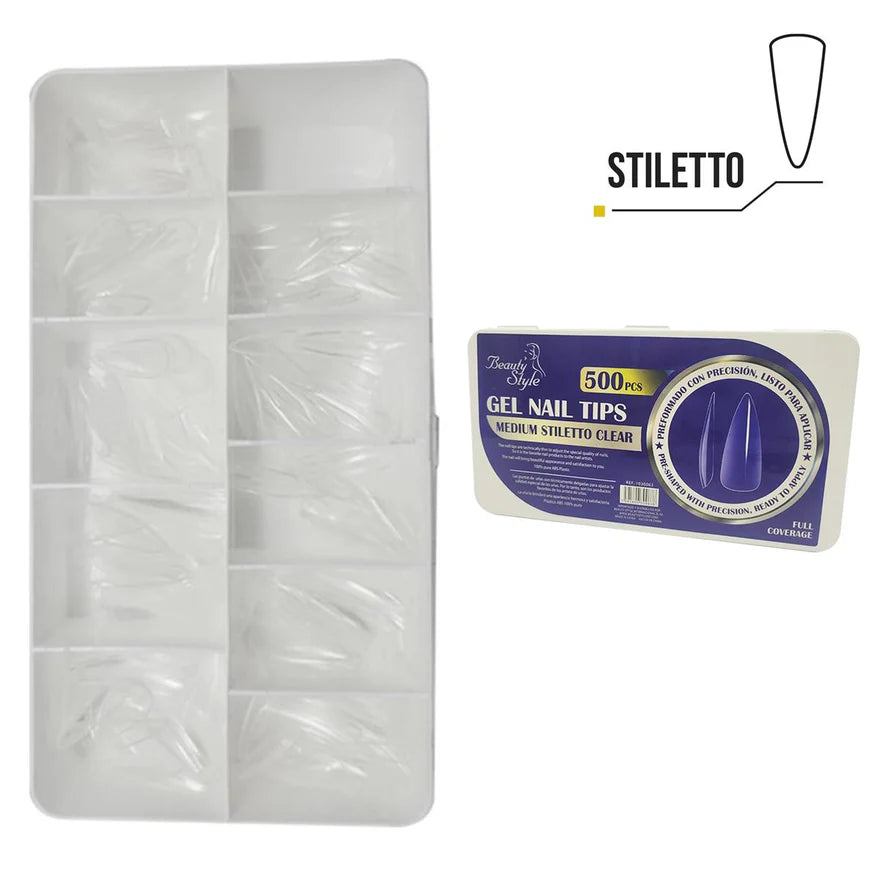 Beauty Style Gel Nail Tips Medium Stiletto Color Clear 500pc 1030063