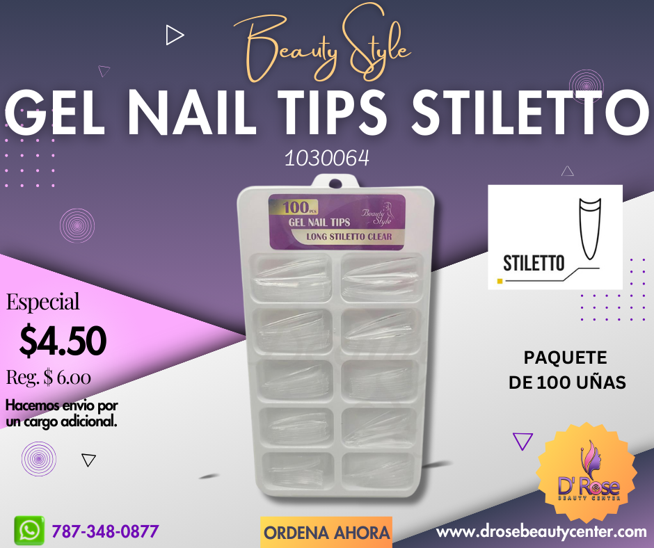 Beauty Style Gel Nail Tip Long Stiletto Clear Larga x 100 1030064