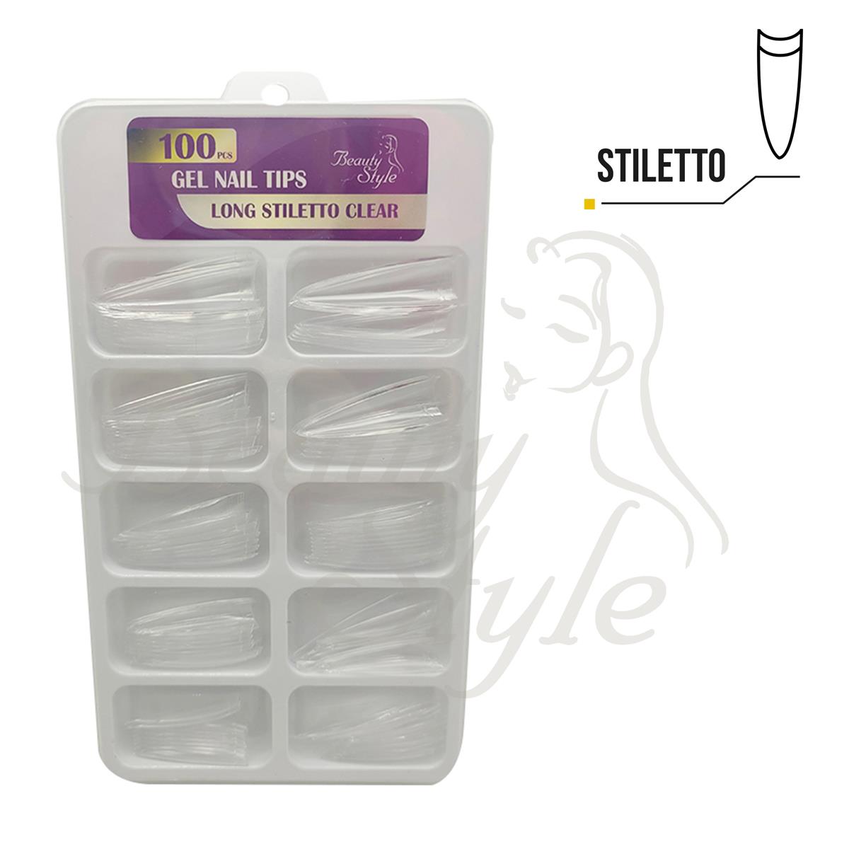Beauty Style Gel Nail Tip Long Stiletto Clear Larga x 100 1030064