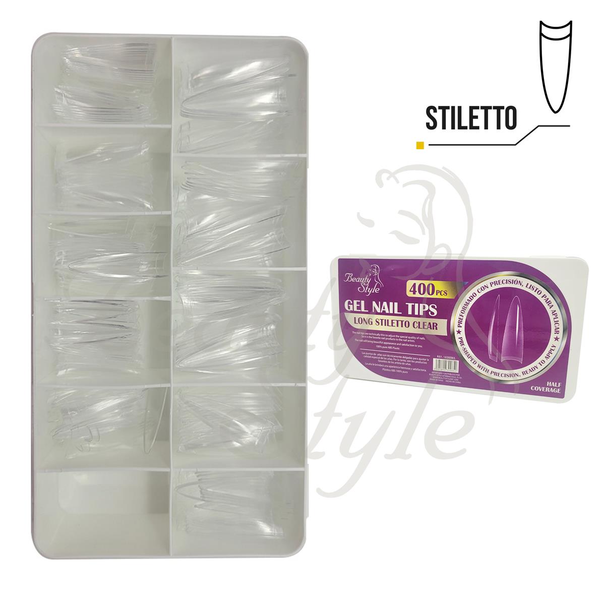 Beauty Style Gel Nail Tips Long Stiletto Clear 400pc 1030065