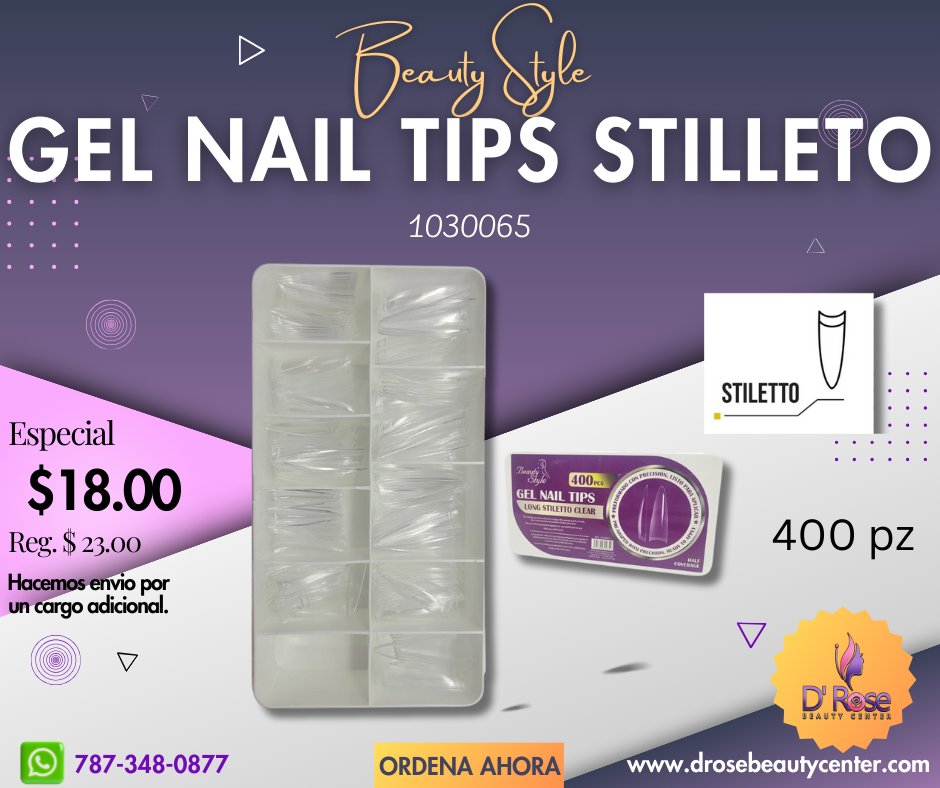 Beauty Style Gel Nail Tips Long Stiletto Clear 400pc 1030065