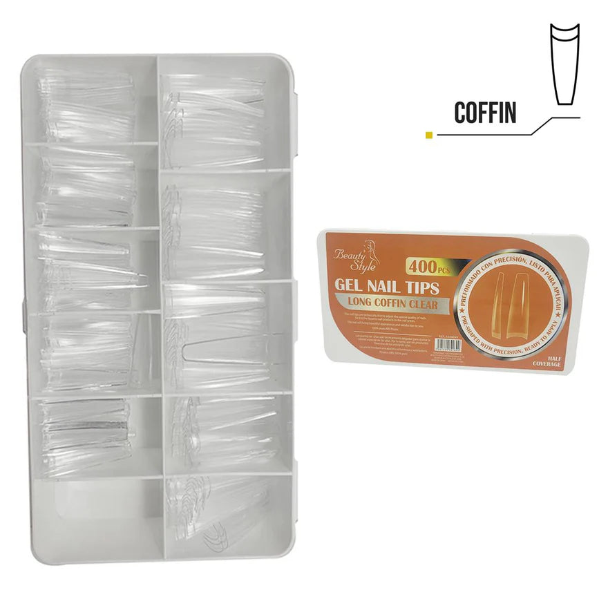 Beauty Style Gel Nail Tips Long Coffin Color Clear 400pc 1030069
