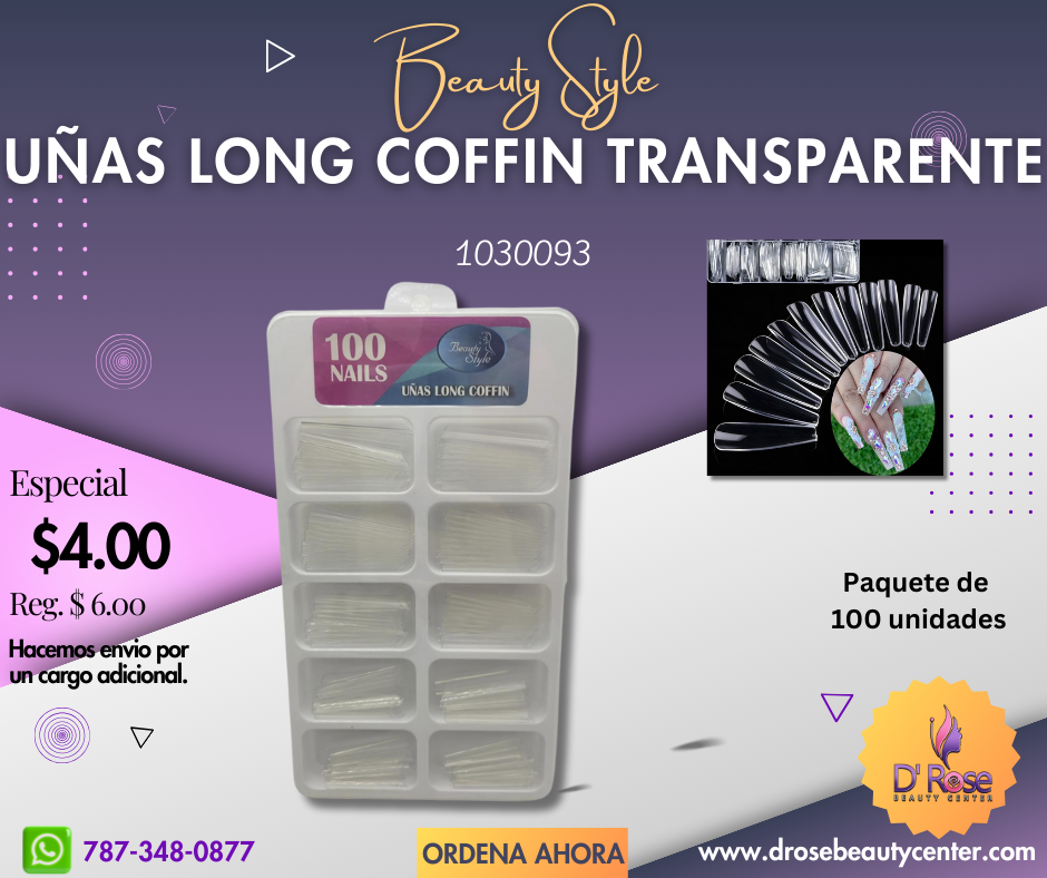 Beauty Style Uñas Long Coffin Color Clear x 100 1030093