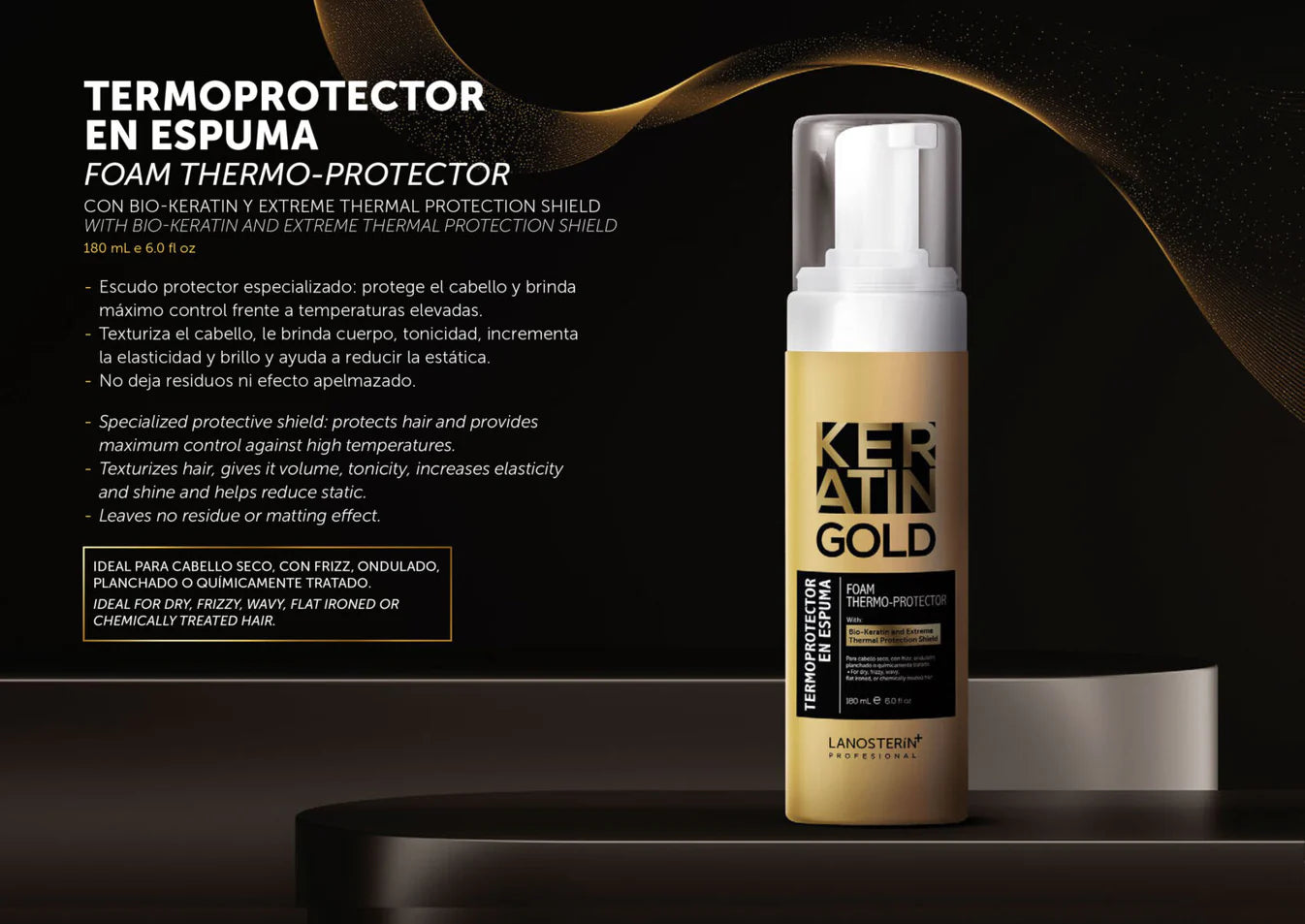 LANOSTERÍN Professional Keratin Gold Termoprotector en Espuma 6 oz