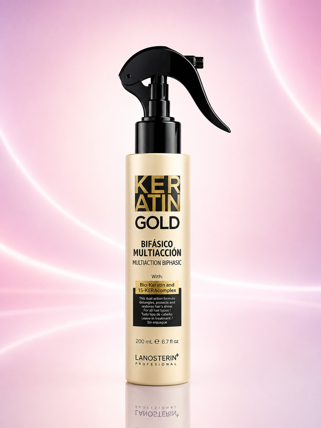 Lanosterin Profesional Keratin Gold Bifásico Multiacción 6.7 oz – Tratamiento Capilar 15 Beneficios