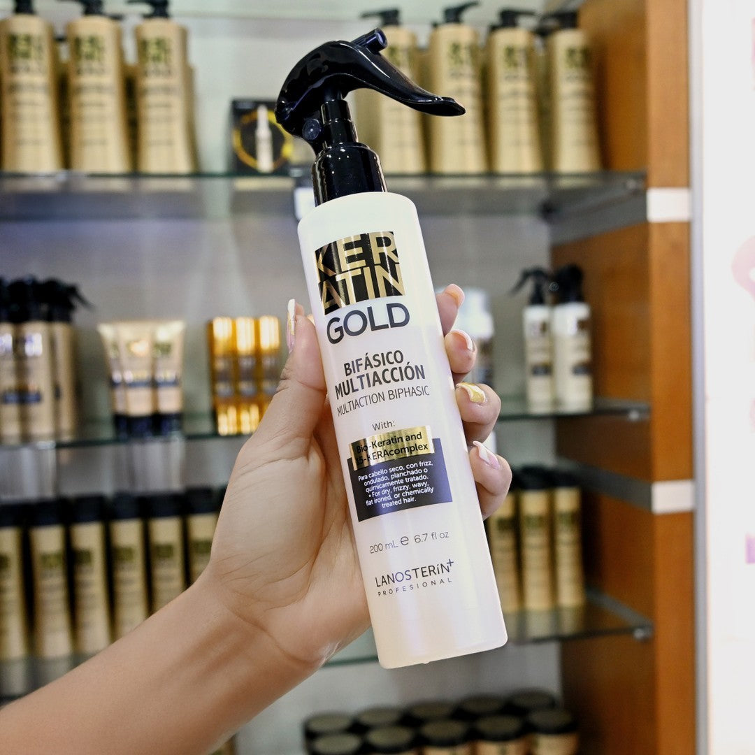 Lanosterin Profesional Keratin Gold Bifásico Multiacción 6.7 oz – Tratamiento Capilar 15 Beneficios