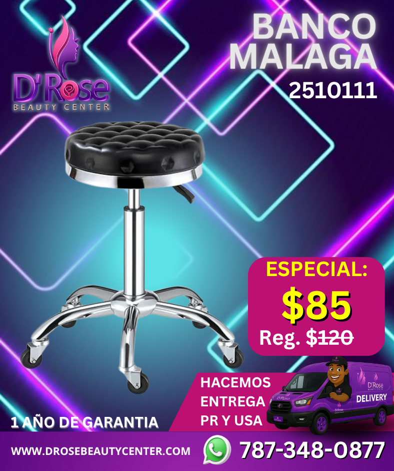 Banco Auxiliar Málaga para Estilista o Manicurista – Modelo 2510111 | Altura Ajustable, Cojín Ergonómico y Ruedas 360°