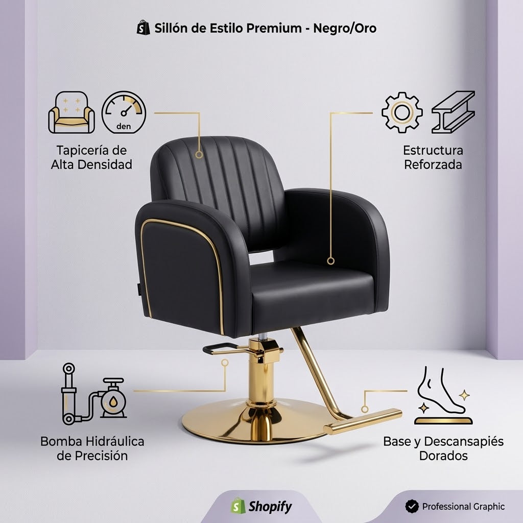 Beauty Style Silla Melany Hidráulica Negra con Base Dorada 2525221