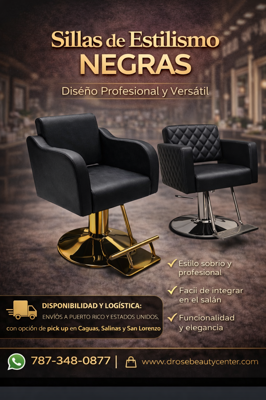 Beauty Style Silla de Estilismo Angela Profesional Negra con Base Dorada 2525231