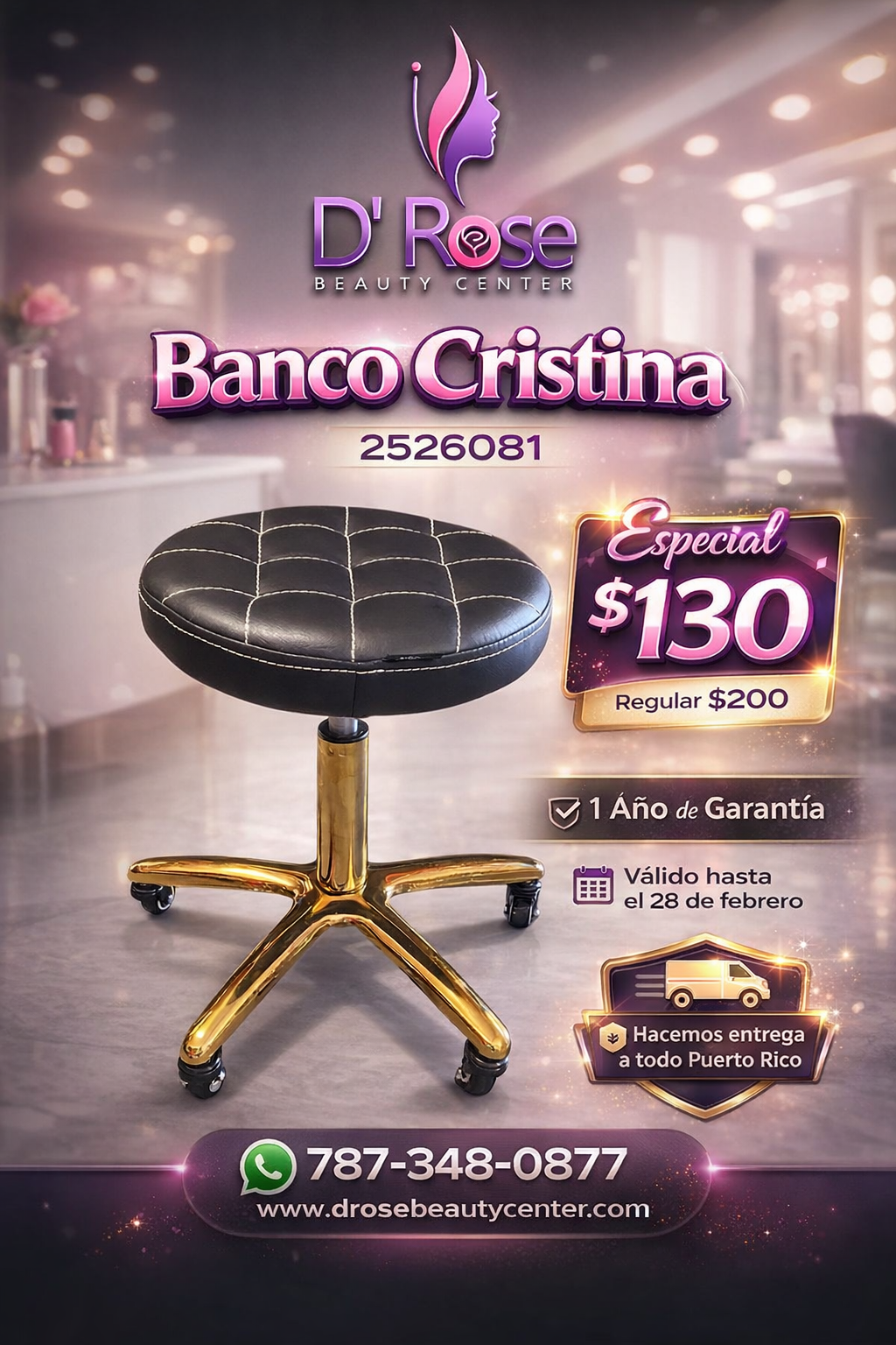 🪑 Banco Cristina Profesional para Estilista o Manicurista con Base Dorada – Modelo 2526081