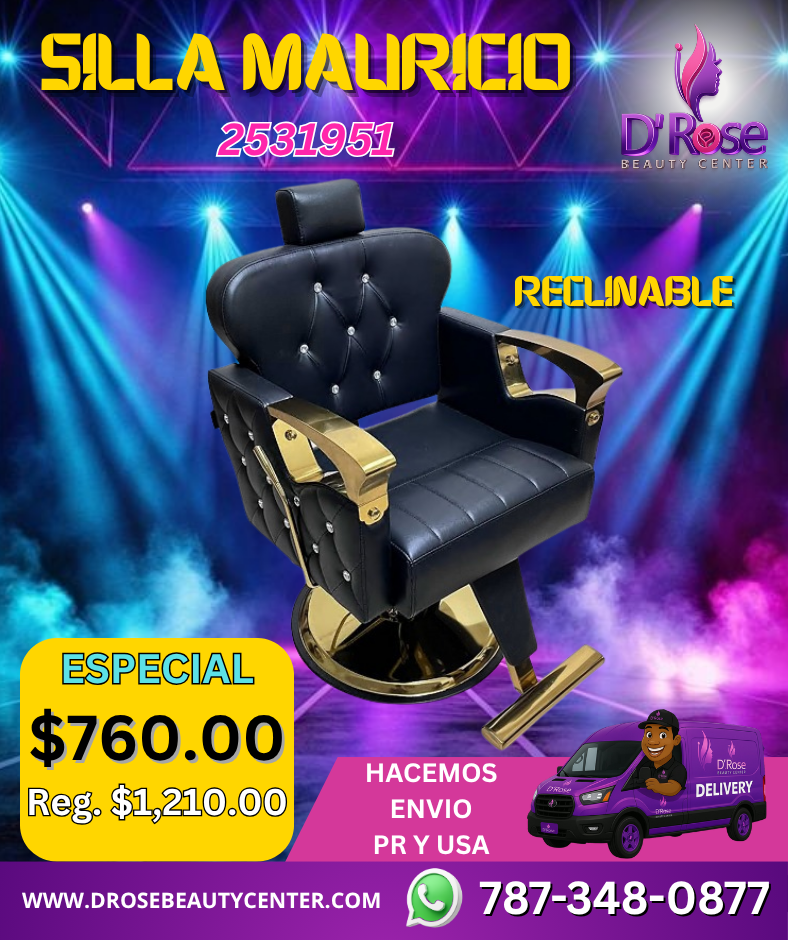 🖤 Silla de Barbería Mauricio Negra – Reclinable con Detalles Dorados (2531951)