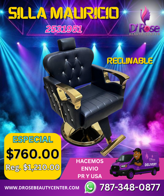 🖤 Silla de Barbería Mauricio Negra – Reclinable con Detalles Dorados (2531951)