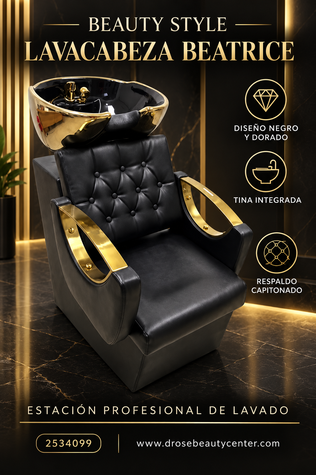 Beauty Style Lavacabeza Beatrice Profesional Negro y Dorado con Silla Integrada – 2534099