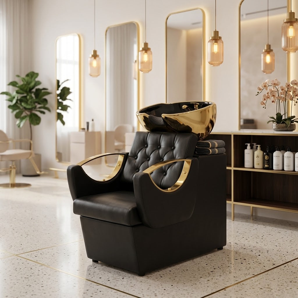 Beauty Style Lavacabeza Beatrice Profesional Negro y Dorado con Silla Integrada – 2534099
