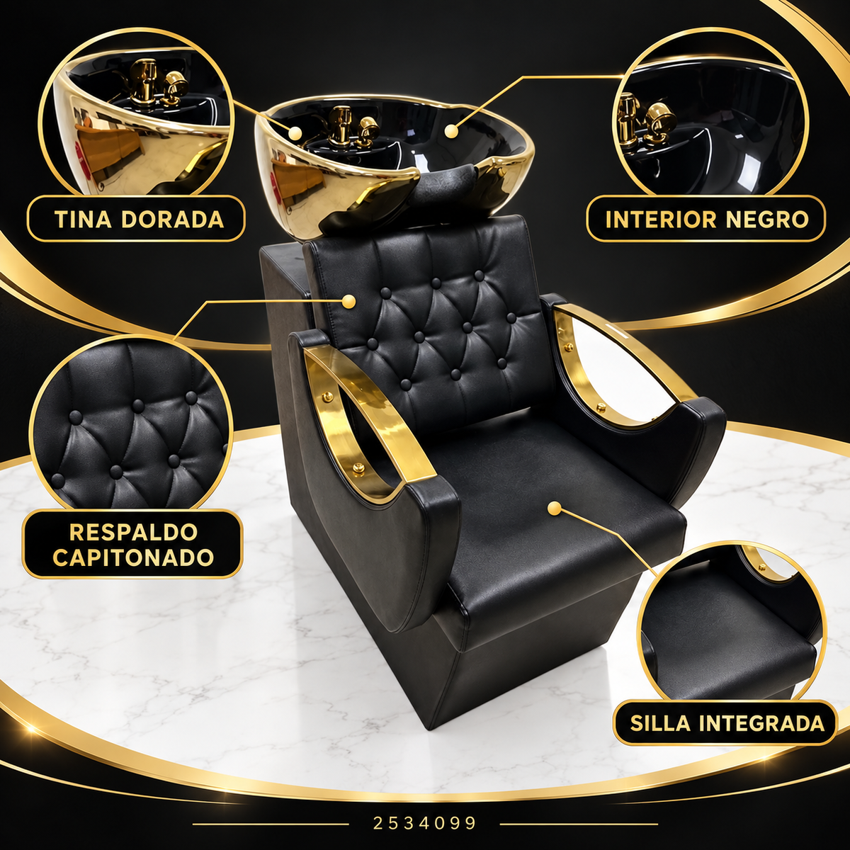 Beauty Style Lavacabeza Beatrice Profesional Negro y Dorado con Silla Integrada – 2534099
