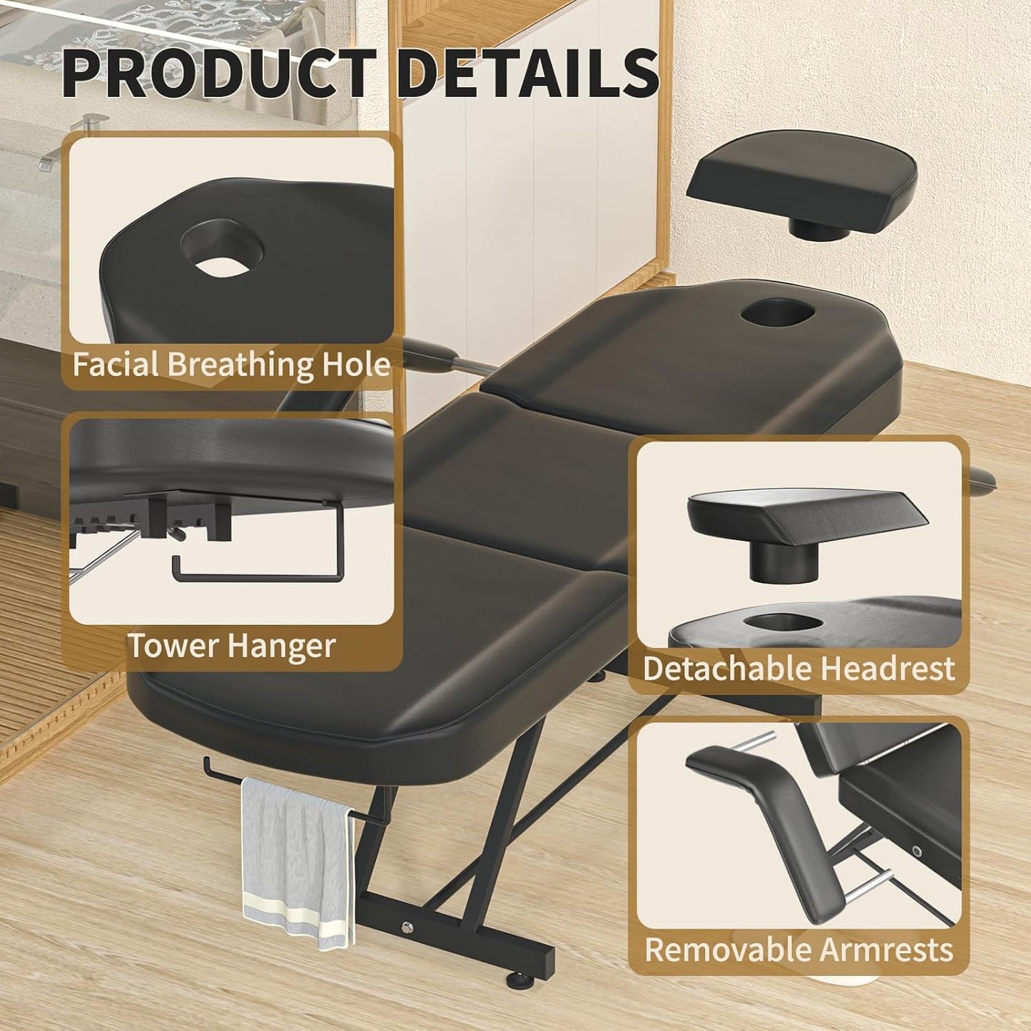🖤 Beauty Style Camilla Estética Negra 3 Posiciones – Profesional, Reclinable y Ergonómica